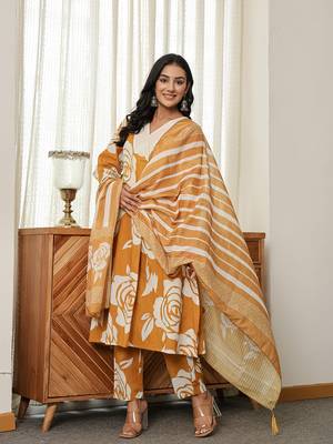 mustard yellow floral a-line kurta trouser dupatta set 5