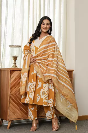 mustard yellow floral a-line kurta trouser dupatta set