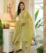 green pure cotton thread work,sequins work kurta dupatta pant set