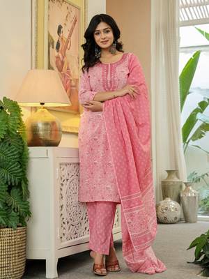 pink pure cotton thread work,sequins work kurta dupatta pant set 1