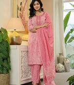 pink pure cotton thread work,sequins work kurta dupatta pant set