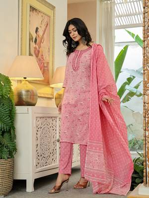 pink pure cotton thread work,sequins work kurta dupatta pant set 2