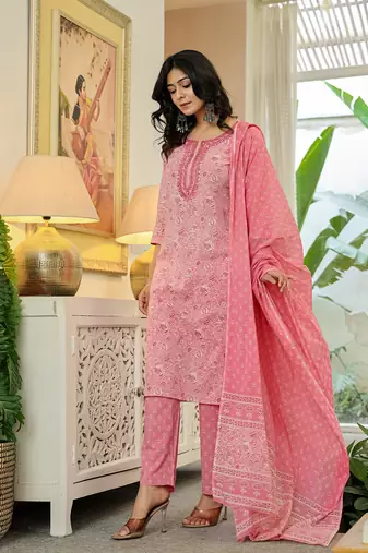 pink pure cotton thread work,sequins work kurta dupatta pant set