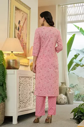pink pure cotton thread work,sequins work kurta dupatta pant set