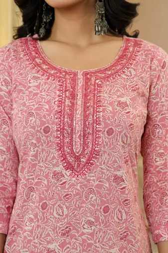 pink pure cotton thread work,sequins work kurta dupatta pant set