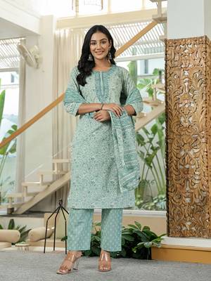 sea green pure cotton thread work,sequins work kurta dupatta pant set 1