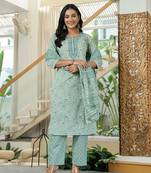 sea green pure cotton thread work,sequins work kurta dupatta pant set