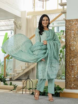 sea green pure cotton thread work,sequins work kurta dupatta pant set 2