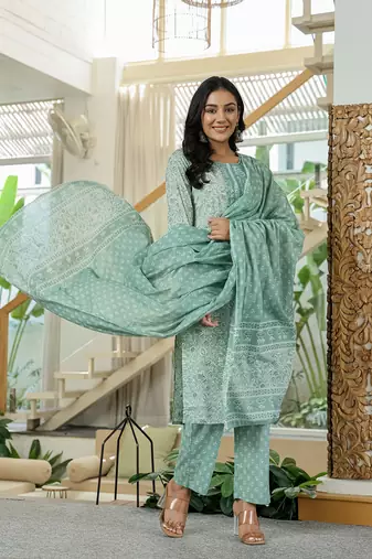 sea green pure cotton thread work,sequins work kurta dupatta pant set