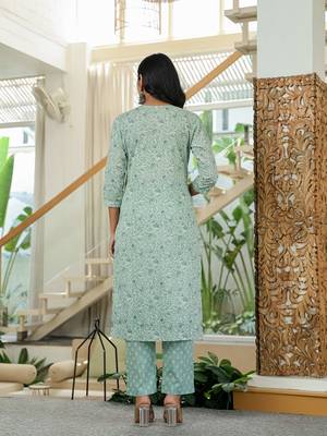 sea green pure cotton thread work,sequins work kurta dupatta pant set 3