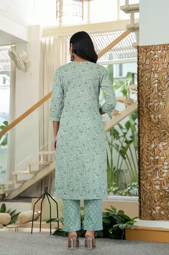 sea green pure cotton thread work,sequins work kurta dupatta pant set
