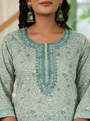 sea green pure cotton thread work,sequins work kurta dupatta pant set 4