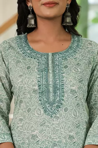 sea green pure cotton thread work,sequins work kurta dupatta pant set