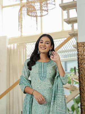 sea green pure cotton thread work,sequins work kurta dupatta pant set 5
