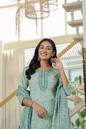 sea green pure cotton thread work,sequins work kurta dupatta pant set