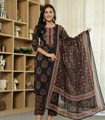 black pure cotton ethnic motifs kantha work kurta dupatta pant set