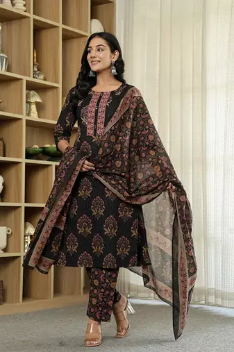 black pure cotton ethnic motifs kantha work kurta dupatta pant set