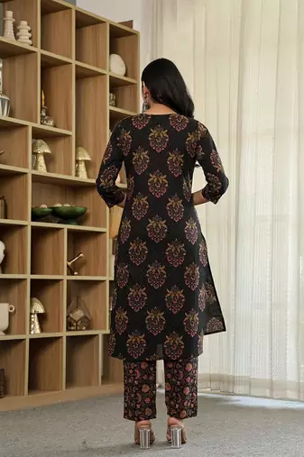 black pure cotton ethnic motifs kantha work kurta dupatta pant set