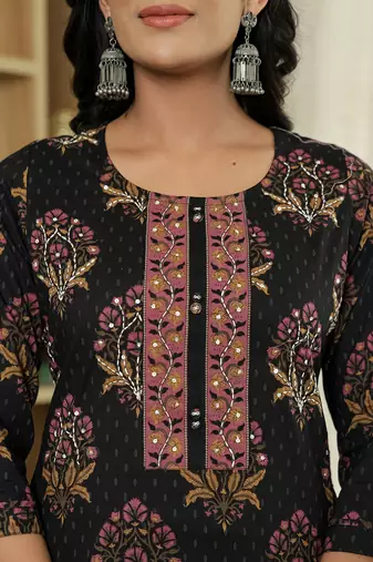 black pure cotton ethnic motifs kantha work kurta dupatta pant set