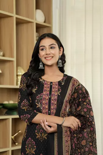 black pure cotton ethnic motifs kantha work kurta dupatta pant set