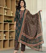 green pure cotton ethnic motifs kantha work kurta dupatta pant set