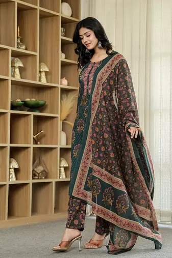 green pure cotton ethnic motifs kantha work kurta dupatta pant set