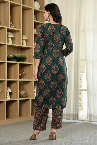 green pure cotton ethnic motifs kantha work kurta dupatta pant set