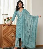 torques blue pure cotton kurta dupatta set