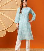 Hand embroidered blue cotton lucknowi chikankari straight kurta