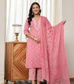 pink floral thread work straight kurta trouser dupatta set