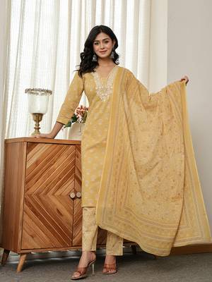 yellow floral thread work straight kurta trouser dupatta set 1