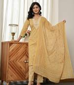 yellow floral thread work straight kurta trouser dupatta set