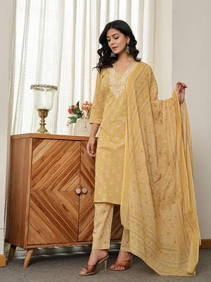 yellow floral thread work straight kurta trouser dupatta set 2