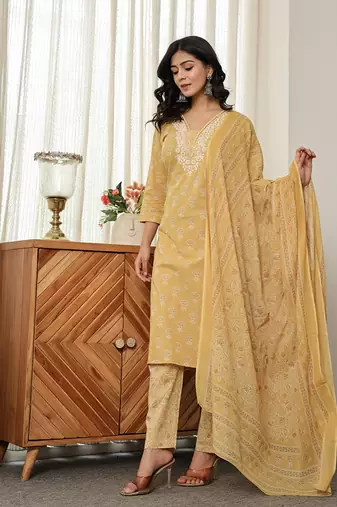 yellow floral thread work straight kurta trouser dupatta set