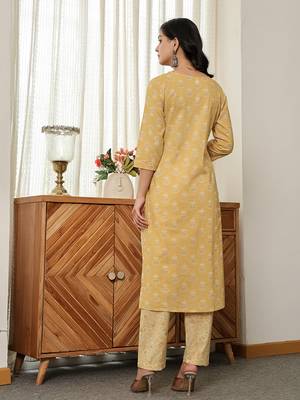 yellow floral thread work straight kurta trouser dupatta set 3