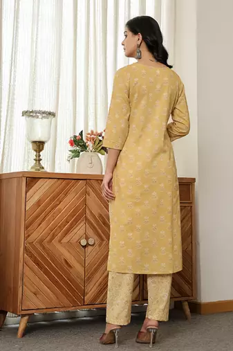 yellow floral thread work straight kurta trouser dupatta set
