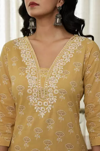 yellow floral thread work straight kurta trouser dupatta set