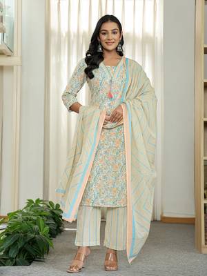 blue pure cotton floral print kurta dupatta pant set 1