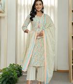 blue pure cotton floral print kurta dupatta pant set