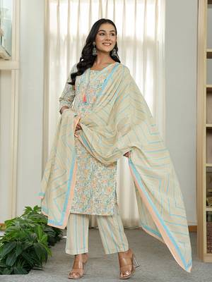 blue pure cotton floral print kurta dupatta pant set 2