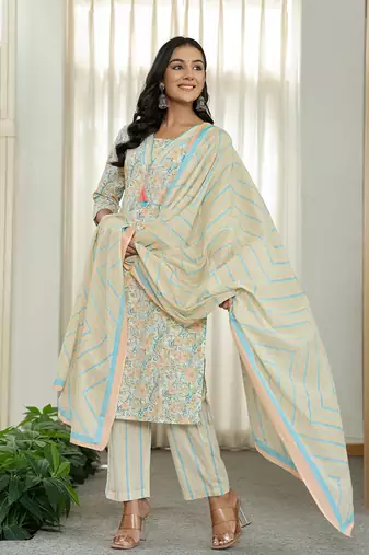 blue pure cotton floral print kurta dupatta pant set