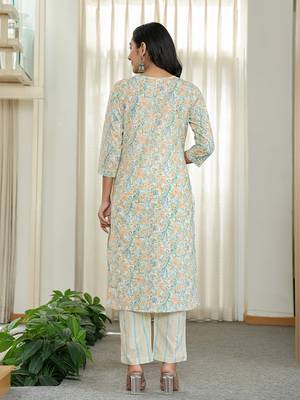 blue pure cotton floral print kurta dupatta pant set 3