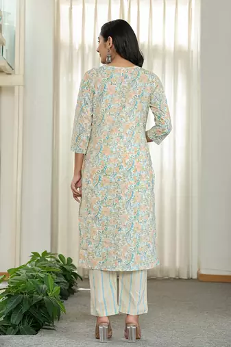 blue pure cotton floral print kurta dupatta pant set