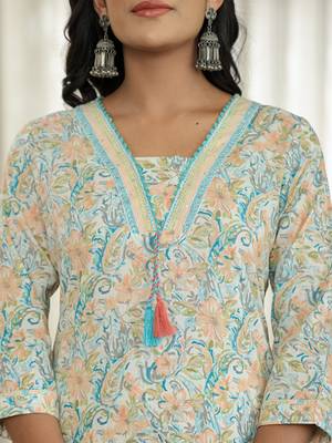 blue pure cotton floral print kurta dupatta pant set 4