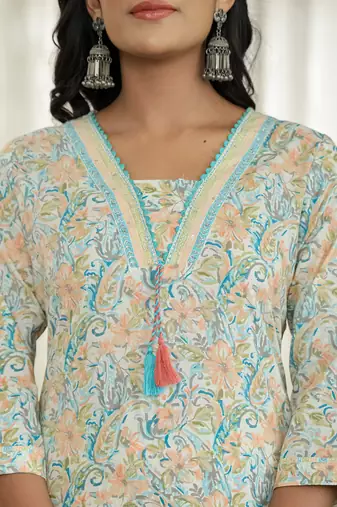 blue pure cotton floral print kurta dupatta pant set