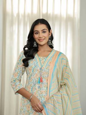 blue pure cotton floral print kurta dupatta pant set 5