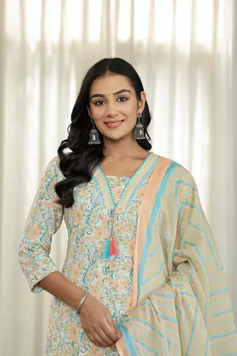 blue pure cotton floral print kurta dupatta pant set