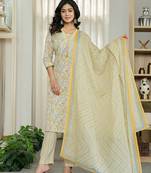 yellow pure cotton floral print kurta dupatta pant set