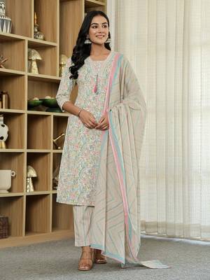 pink pure cotton floral print kurta dupatta pant set 1