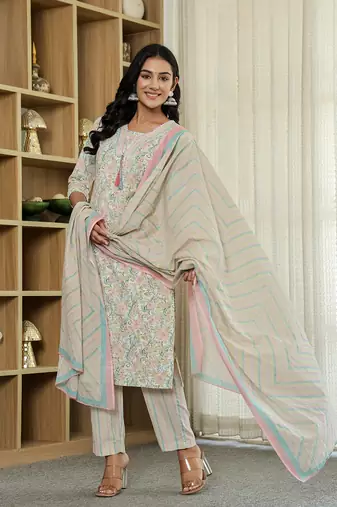 pink pure cotton floral print kurta dupatta pant set